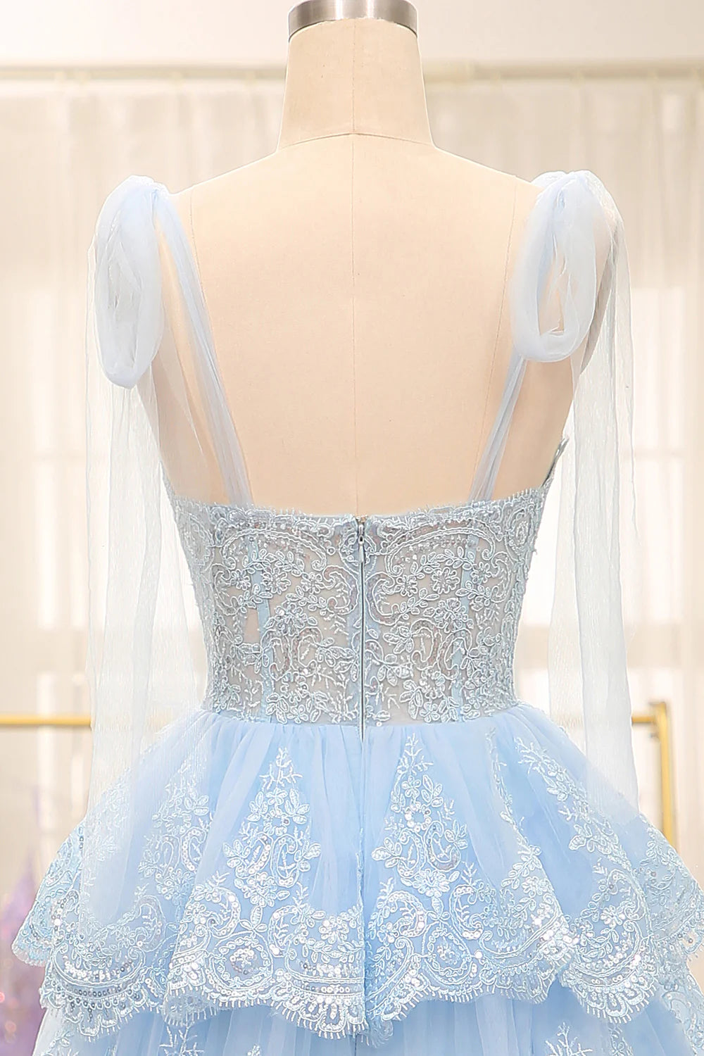 Sweetheart Bow Tie Straps Tiered  Light Blue Tulle Prom Dress With Appliques