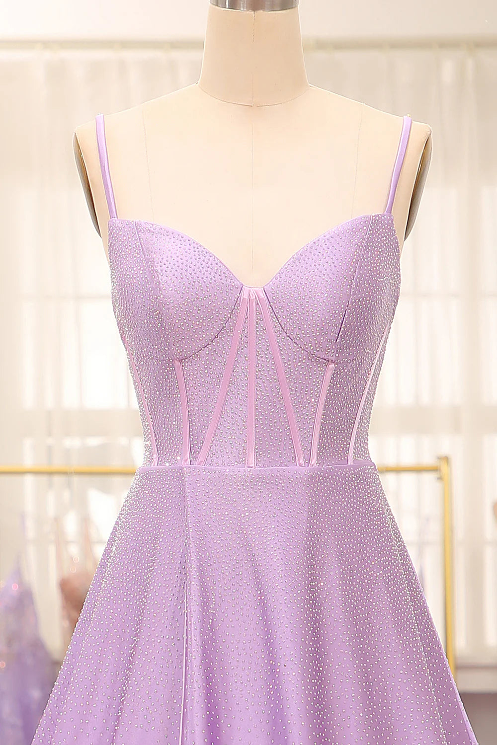 Robe de bal trapèze simple et scintillante, style corset fendue sur le côté, lilas, avec strass