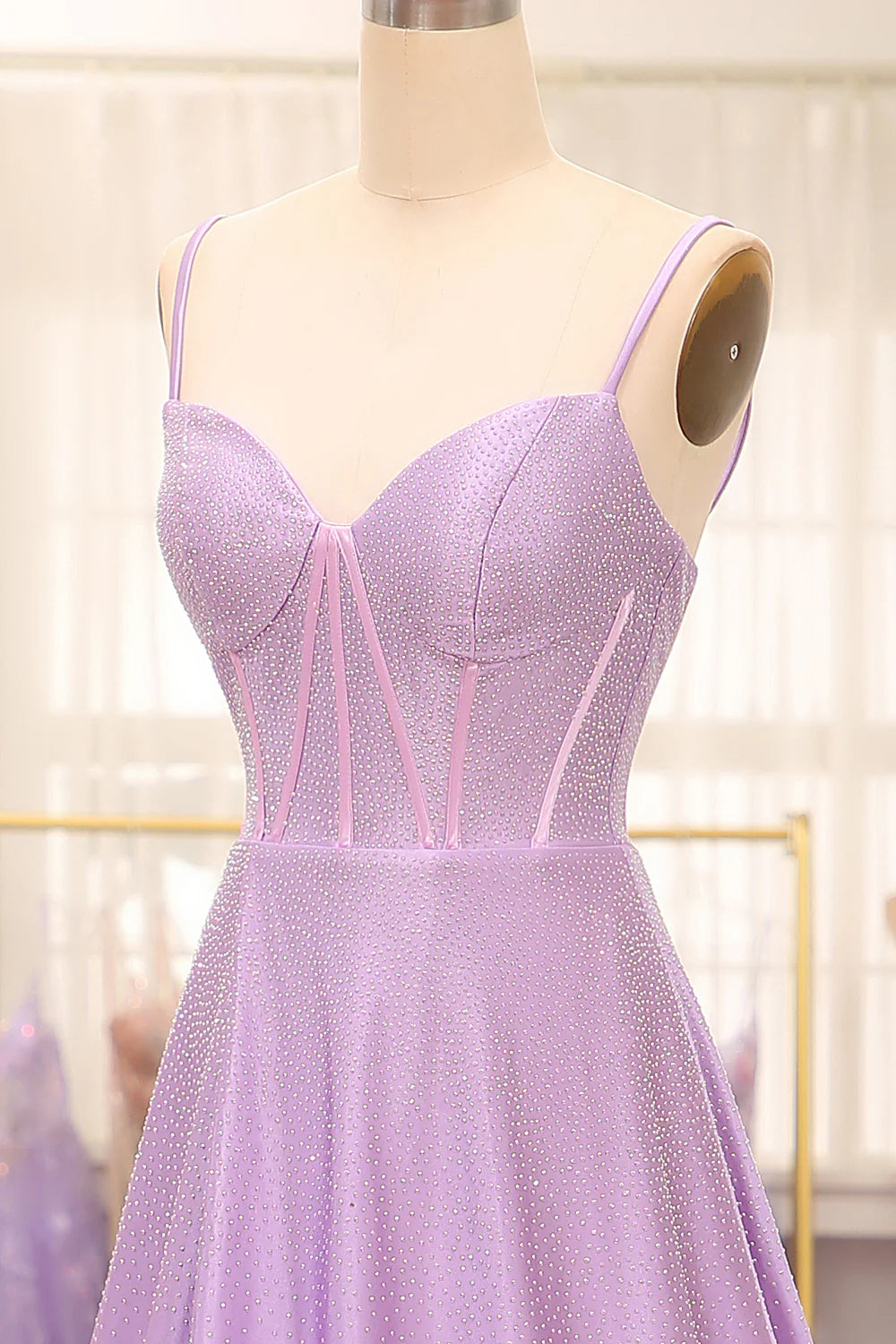 Robe de bal trapèze simple et scintillante, style corset fendue sur le côté, lilas, avec strass