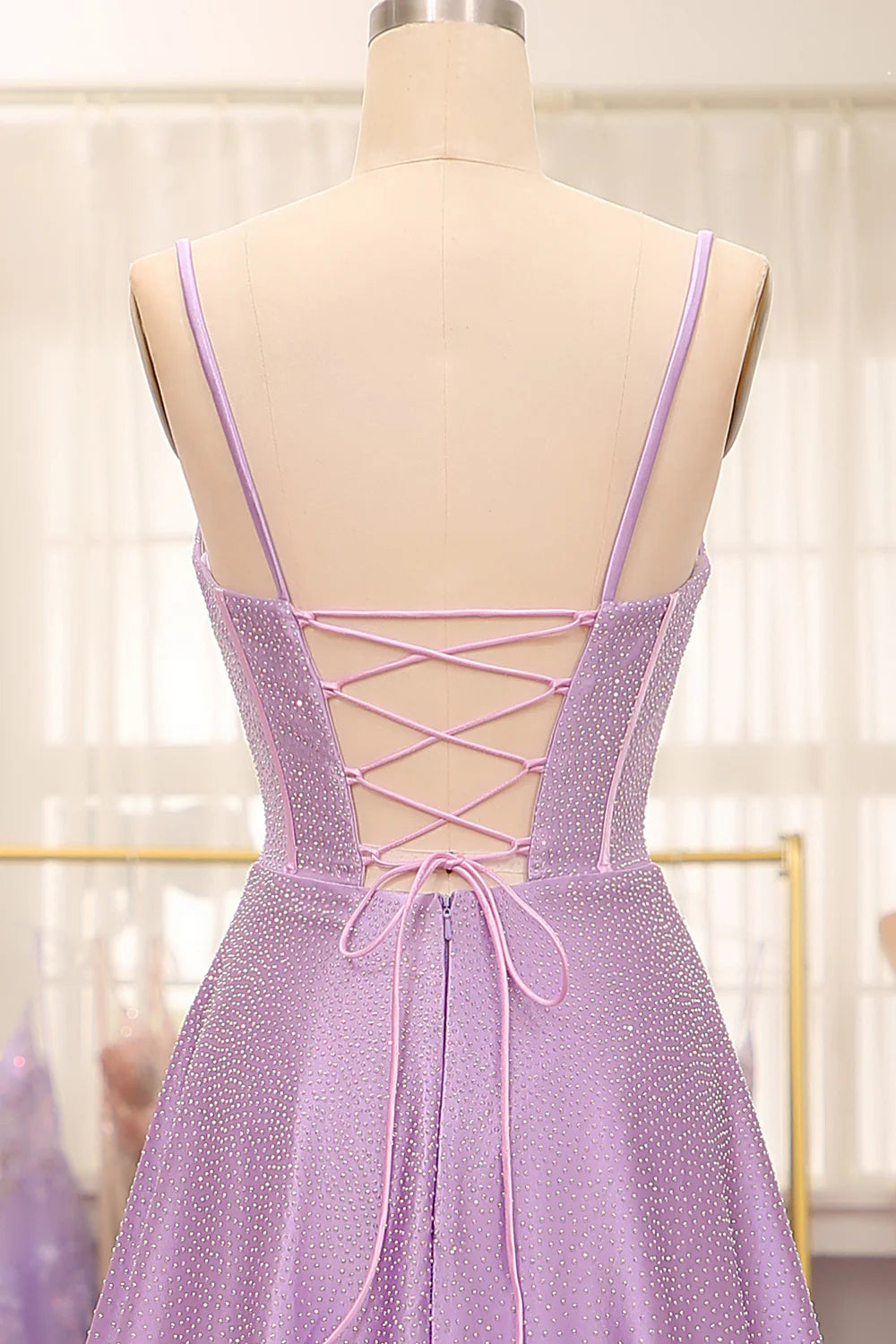 Robe de bal trapèze simple et scintillante, style corset fendue sur le côté, lilas, avec strass