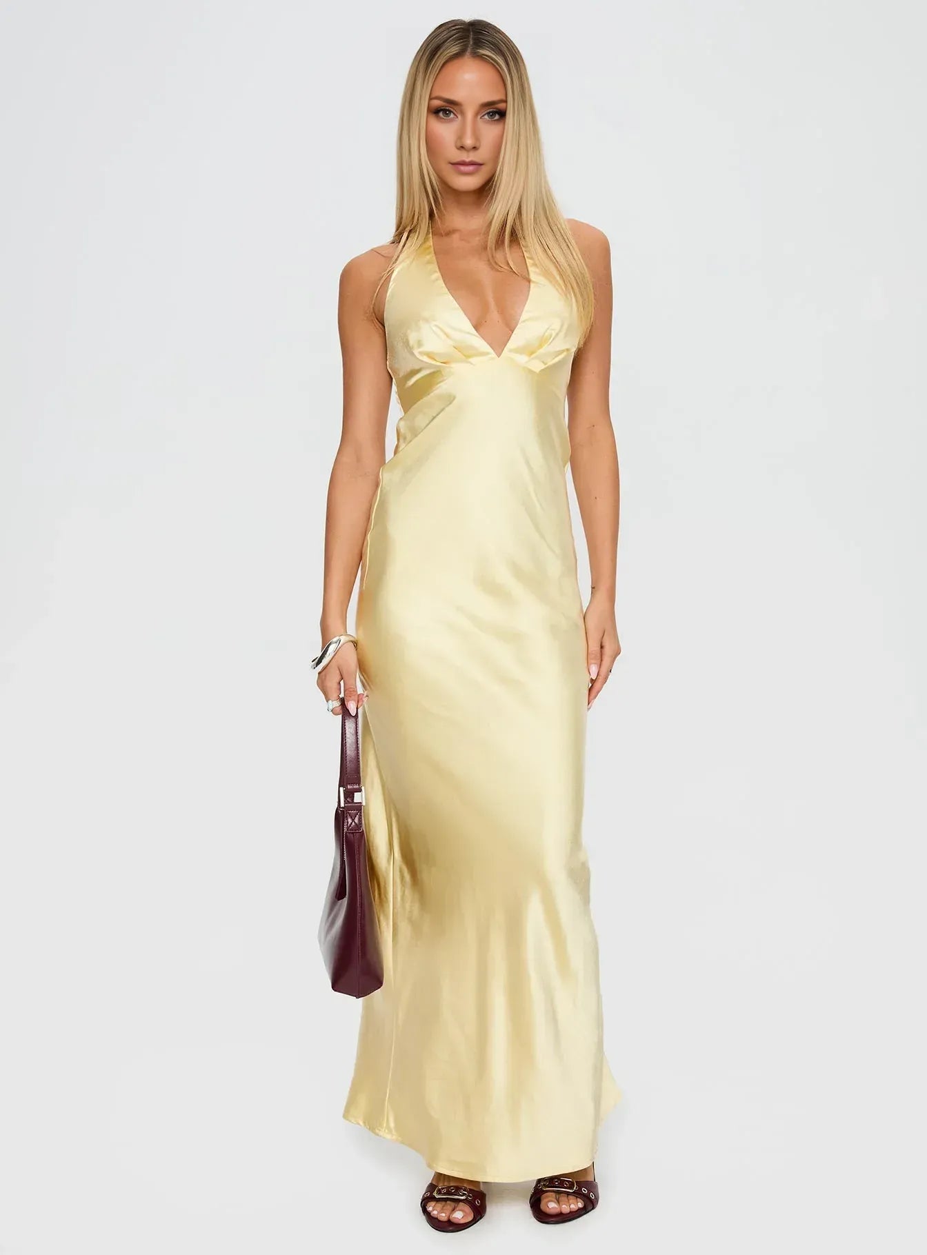 Yellow Satin Halter Neck Backless Maxi Dress Cute Affordable Satin Prom Dresses