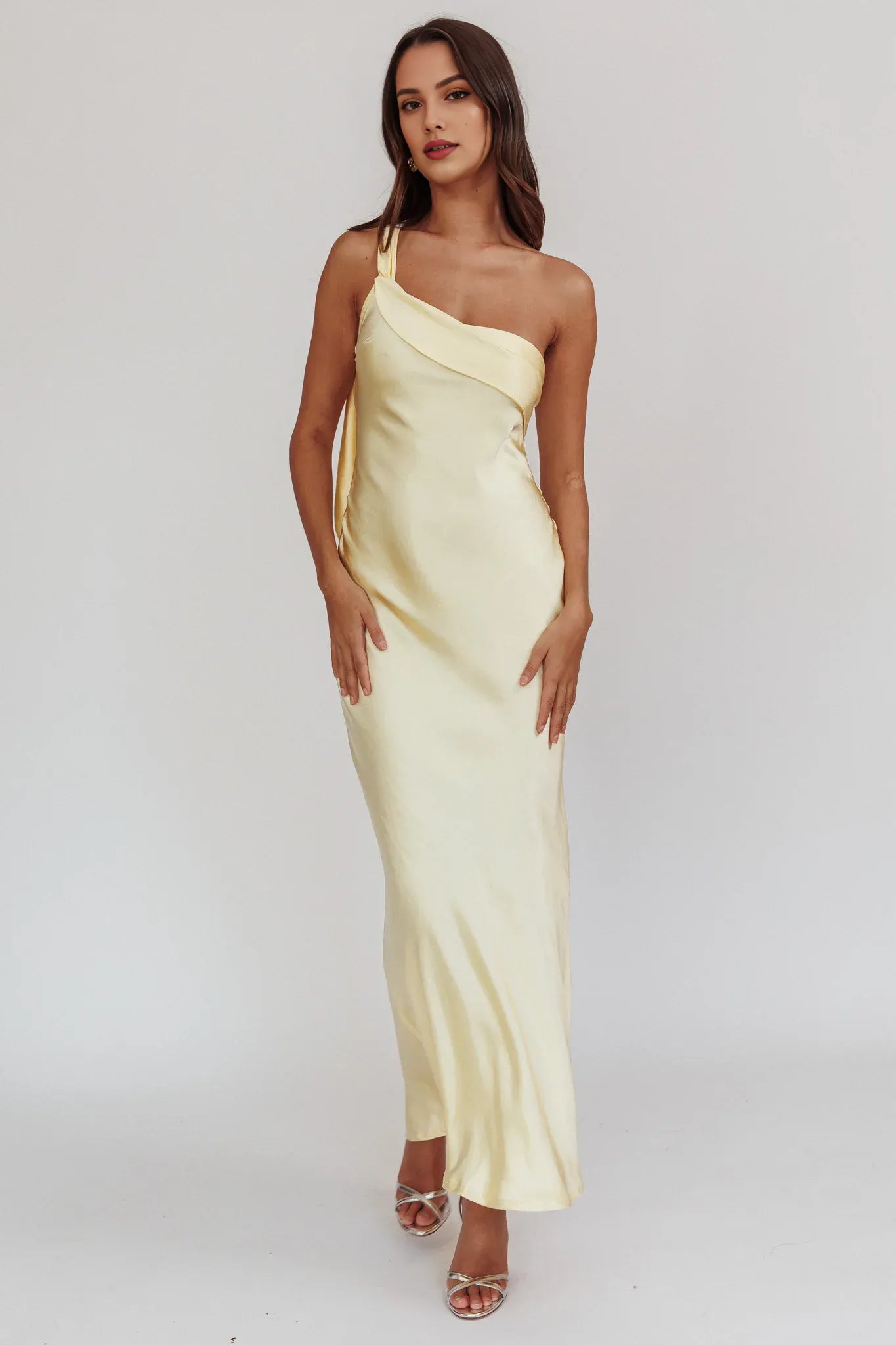 Weitese Dress One-Shoulder Flutter Sash Sheath Maxi Dress Open Back Ankle Length Prom Dress Champagne