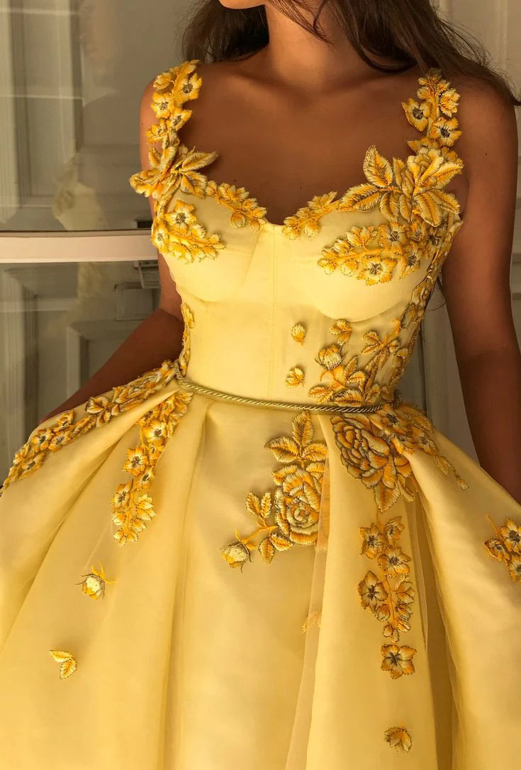 Robe de soirée élégante pour femme, coupe trapèze, jaune, motif floral, tenue de bal longue 