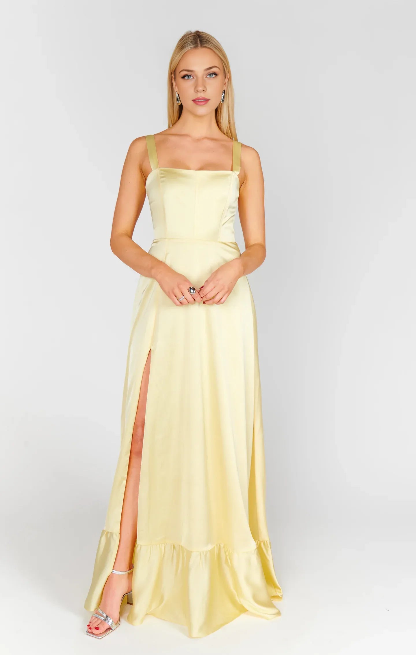 Weitese Dress Regular Straps Square Neck Sleeveless Maxi Dress Column Simple Crisscross Back Prom Dress With Slit