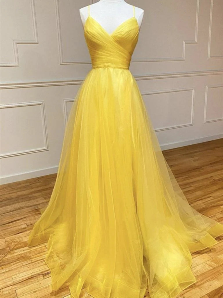 Weitese Formal Women's Dresses A Line V Neck Backless Yellow Long Prom Dresses Open Back Yellow Long Formal Evening Dresses Prom Dresses Stores