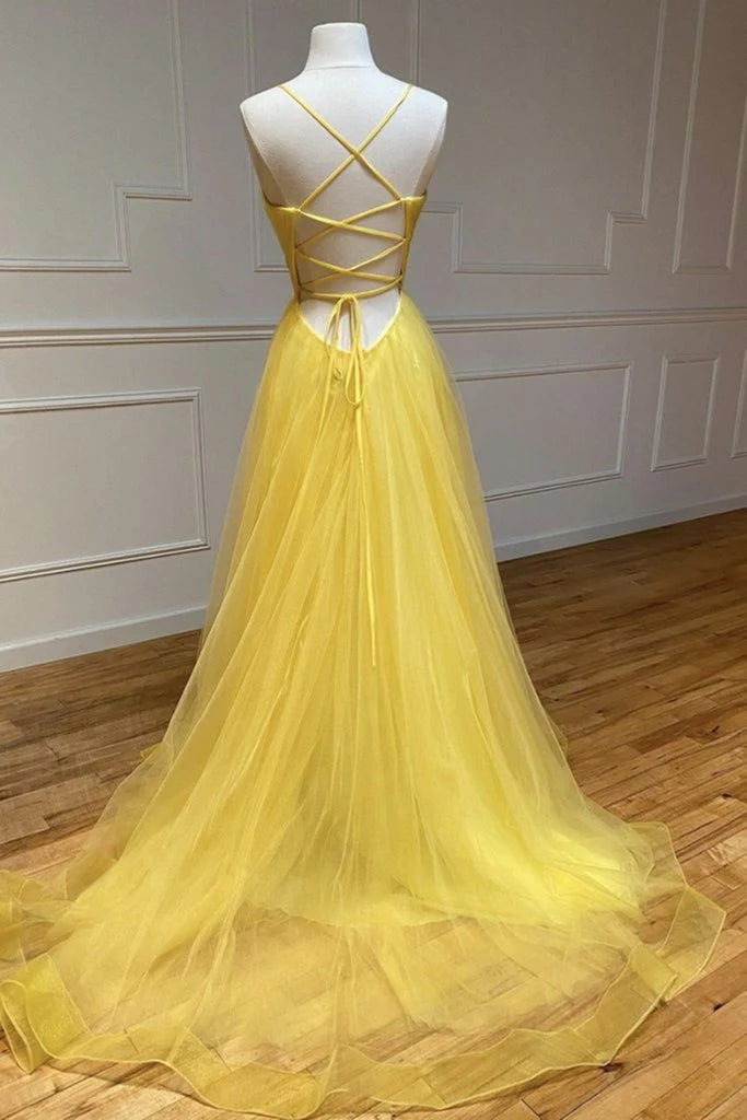 Weitese Formal Women's Dresses A Line V Neck Backless Yellow Long Prom Dresses Open Back Yellow Long Formal Evening Dresses Prom Dresses Stores