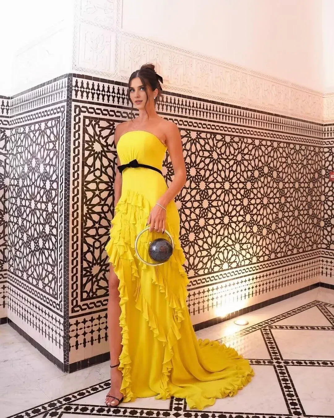 Weitese Formal Women's Dresses Strapless Yellow Ruffled A Line Long Prom Dress Prom Dresses Stores