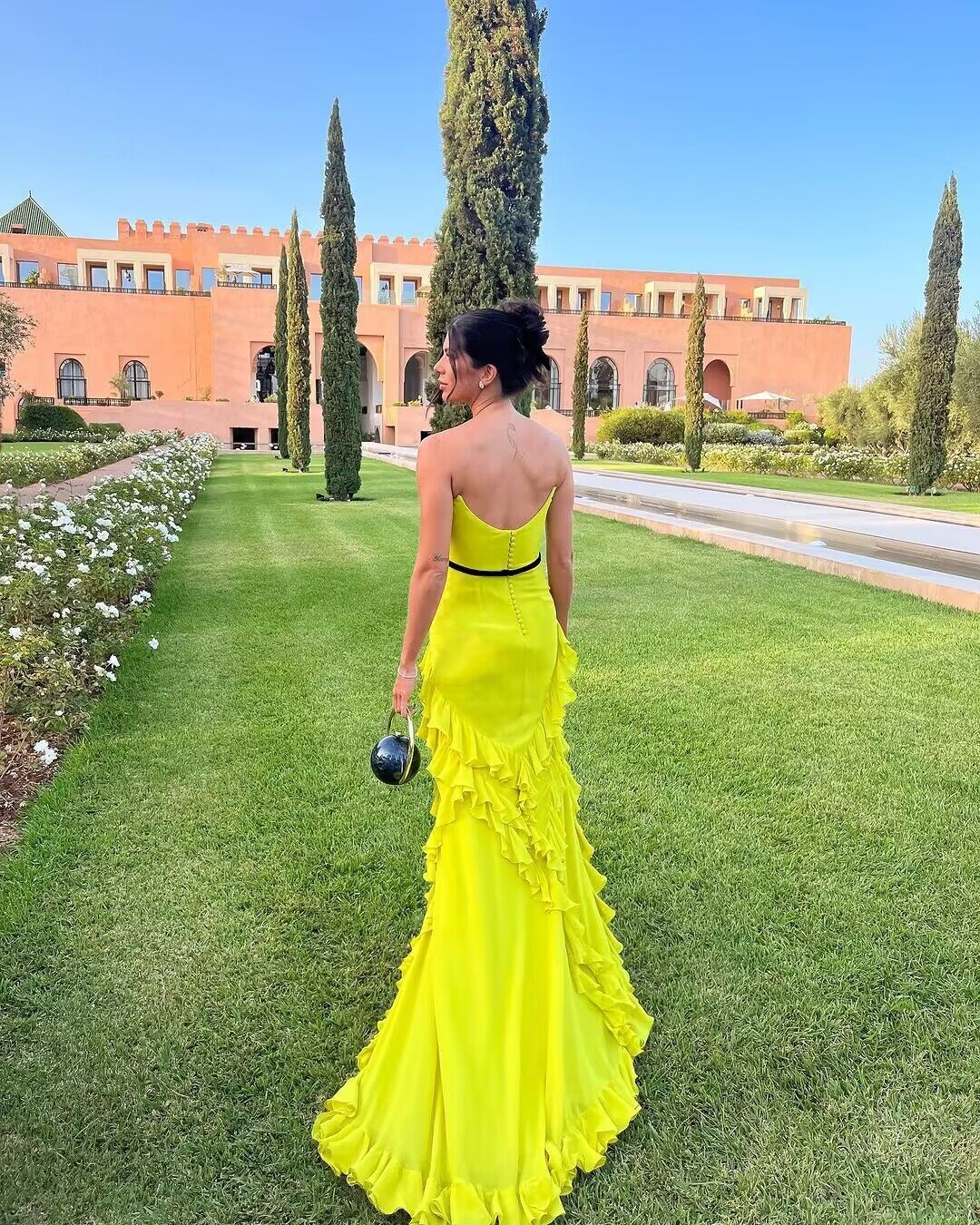 Weitese Formal Women's Dresses Strapless Yellow Ruffled A Line Long Prom Dress Prom Dresses Stores