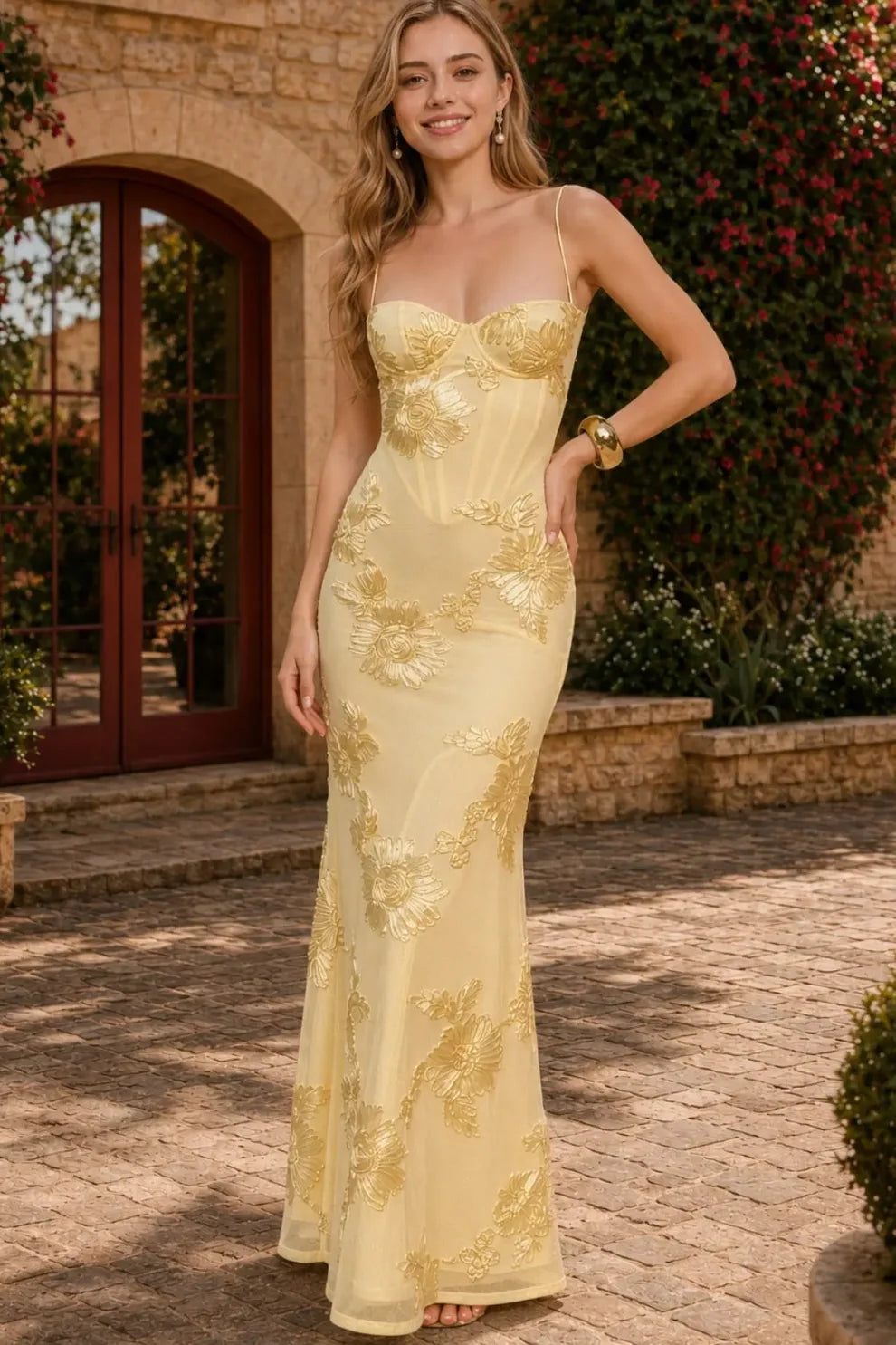 Spaghetti strap floral applique mermaid gown