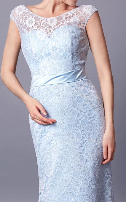 Weitese Dress/Demure Cap Sleeve Bateau Neck Long Lace Dress With Sash Deep-V Back Prom Dress/Dress For Formal