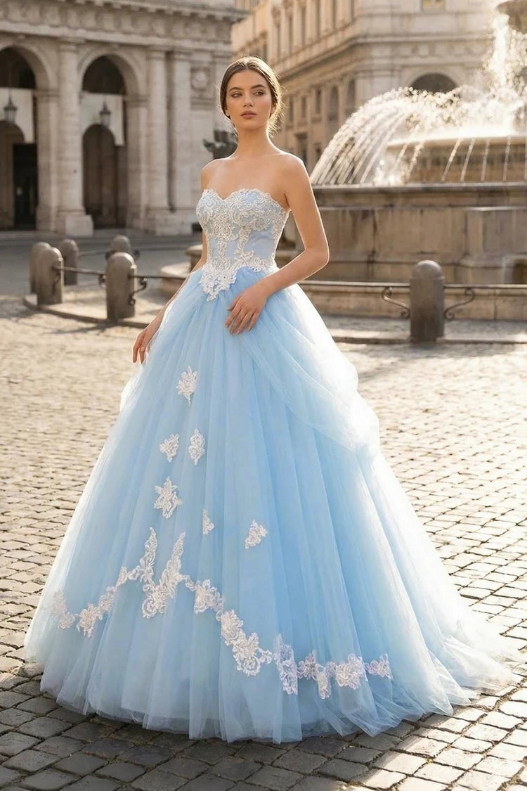 Sky Blue Tulle and Lace Ball Gown Sweetheart Zipper Back Floor-Length Dress