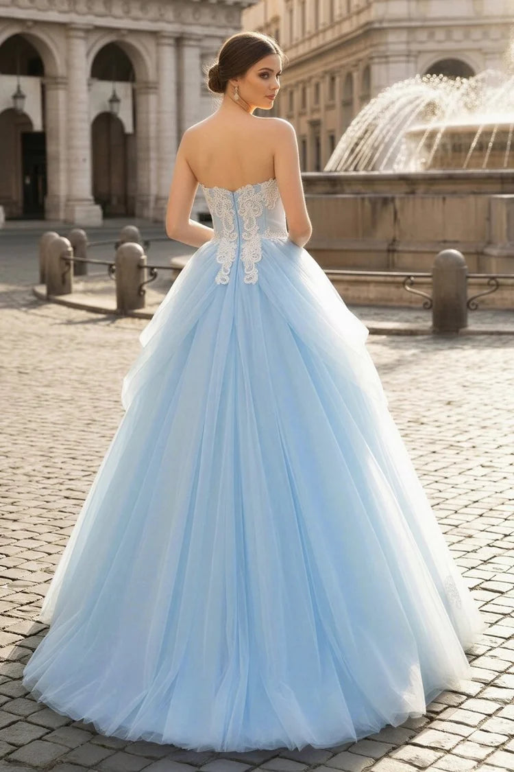 Sky Blue Tulle and Lace Ball Gown Sweetheart Zipper Back Floor-Length Dress