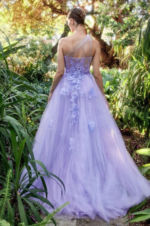 Lavender A-line One Shoulder Sleeveless Sheer Back Slit Floor Prom Gown