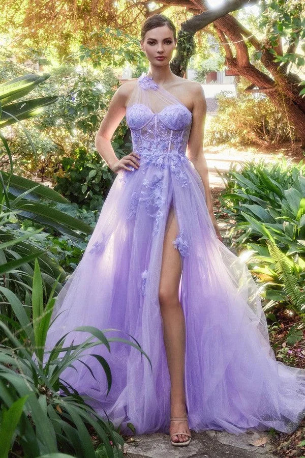 Lavender A-line One Shoulder Sleeveless Sheer Back Slit Floor Prom Gown