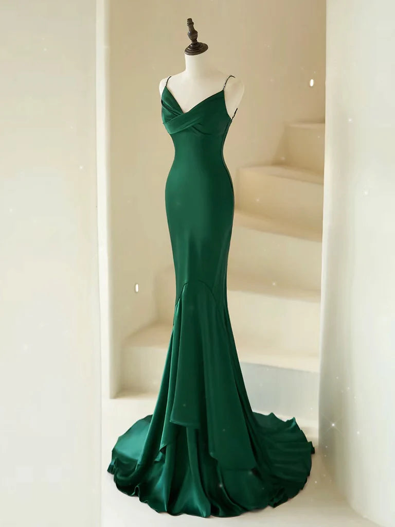 Mermaid V Neck Satin Green Long Prom Party Dresses
