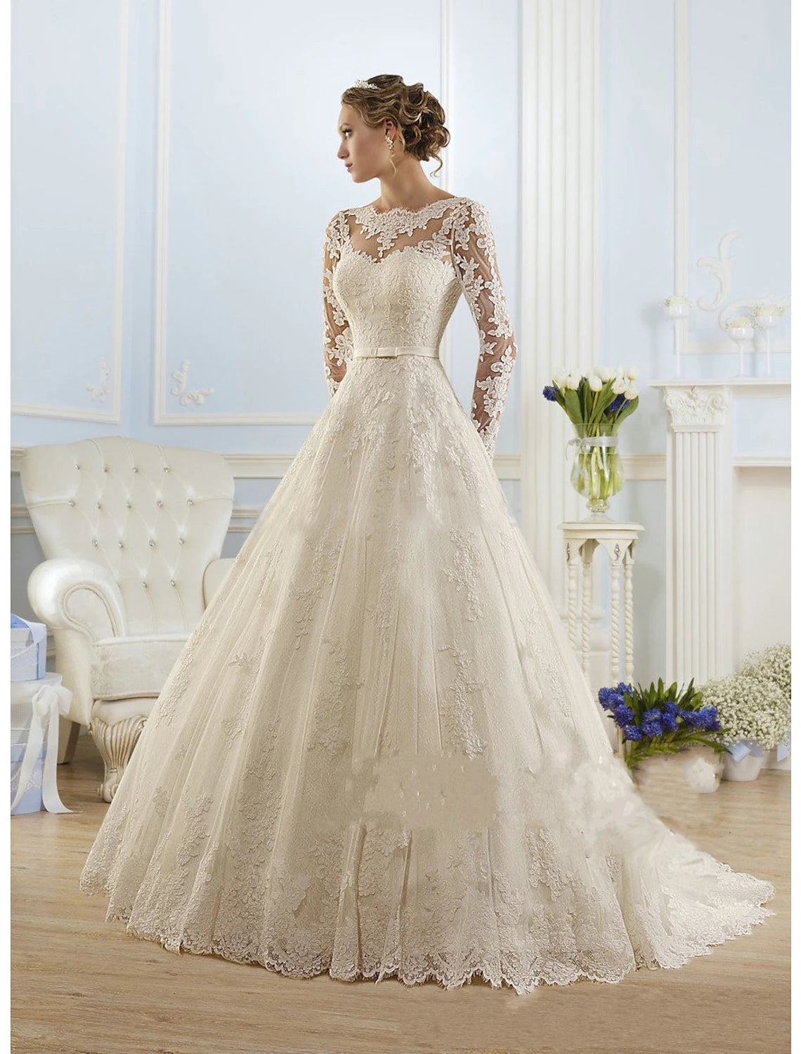 Weitese Engagement Formal Wedding Dresses Ball Gown Illusion Neck Long Sleeve Court Train Lace Bridal Gowns With Appliques