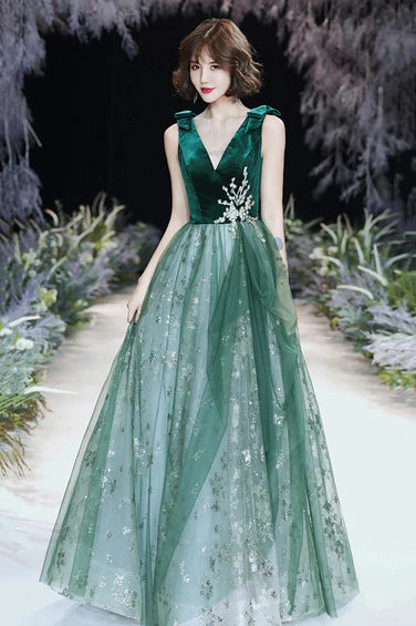 Green A-line Tulle Long Evening Dress Prom Dress