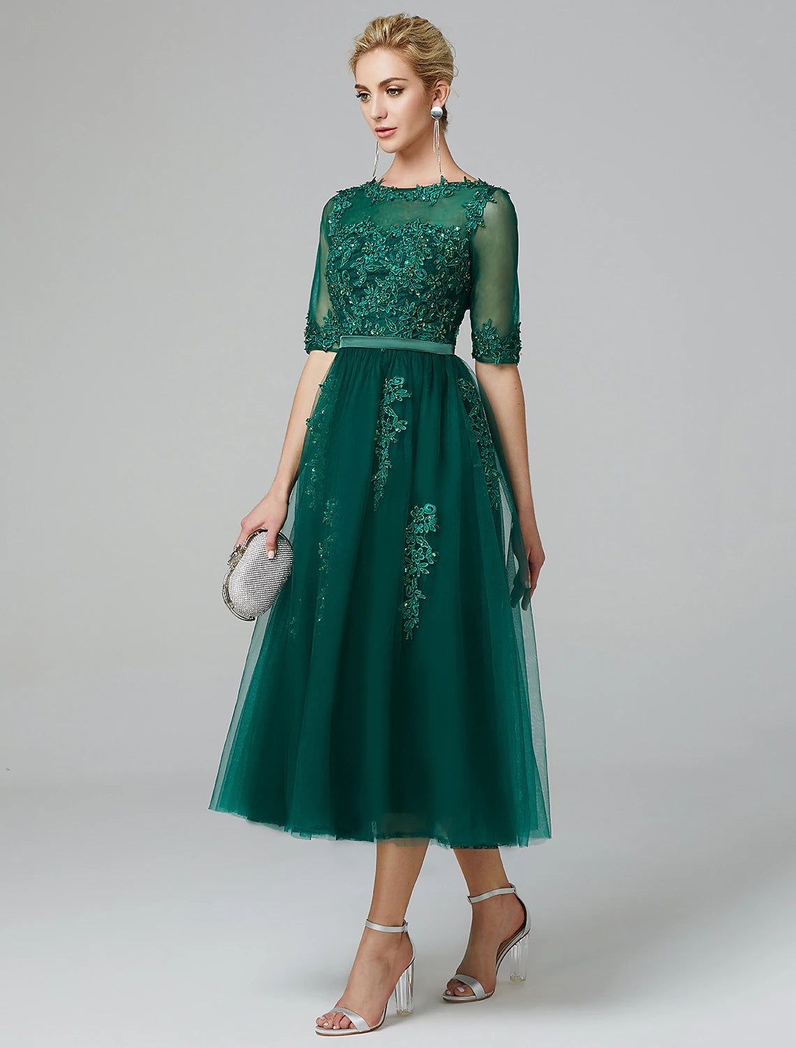 Weitese A-LineMother of the Bride Dresses Christmas Red Green Dress Formal Evening Kentucky Derby Tea Length Sleeveless Illusion Neck Fall Wedding Guest Lace Over Tulle with Sequin Appliques