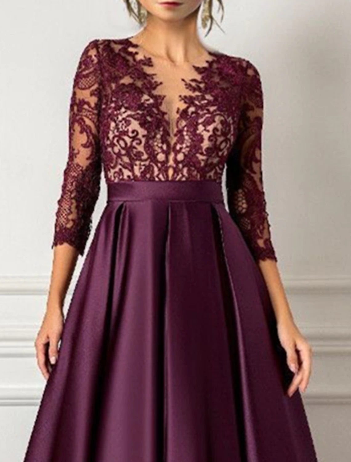A-Line Evening Gown Elegant Dress Formal Wedding Guest Floor Length 3/4 Length Sleeve V Neck Satin