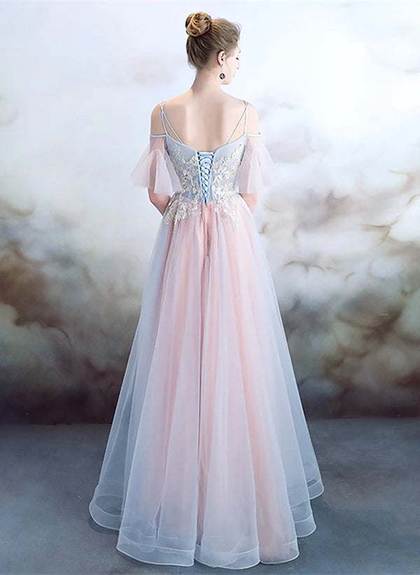 A-line Off Shoulder Tulle Pink with Lace Applique Party Dress