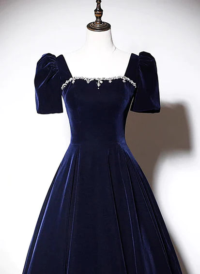 Navy Blue A-line Velvet Long Evening Dress