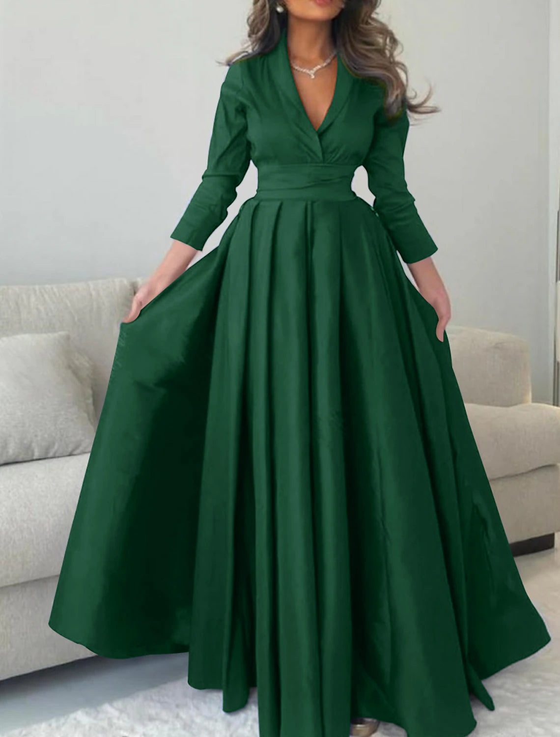 Weitese Satin A-Line Evening Gown Green Elegant Dress Formal Champagne Red Green Dress Floor Length 3/4 Length Sleeve V Neck with Pleats