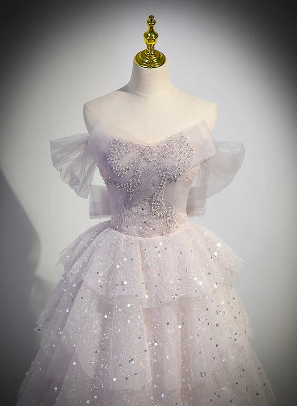 Vestido de fiesta largo con capas de tul rosa