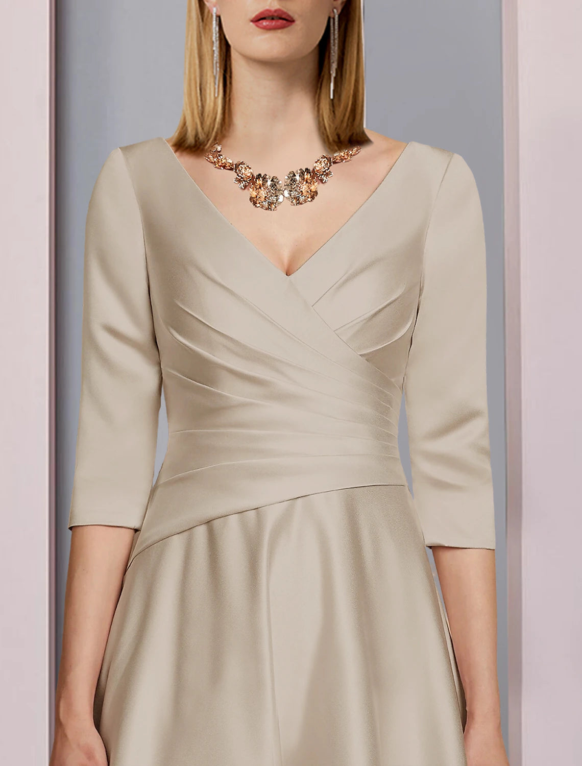 Weitese A-Line Mother of the Bride Dress Wedding Guest Vintage Elegant Formal Party 3/4 Sleeve Satin V Neck Tea Length with Pleats