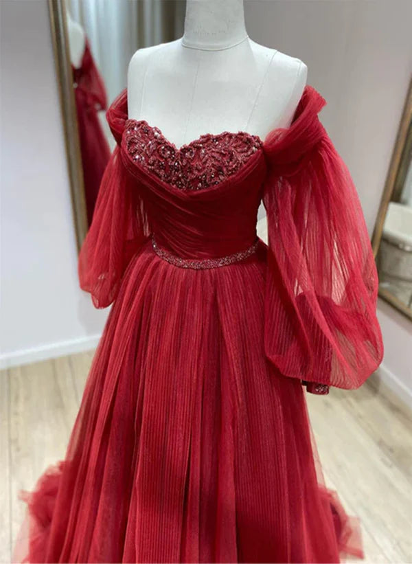 Robe de soirée longue en tulle rouge vin à manches bouffantes