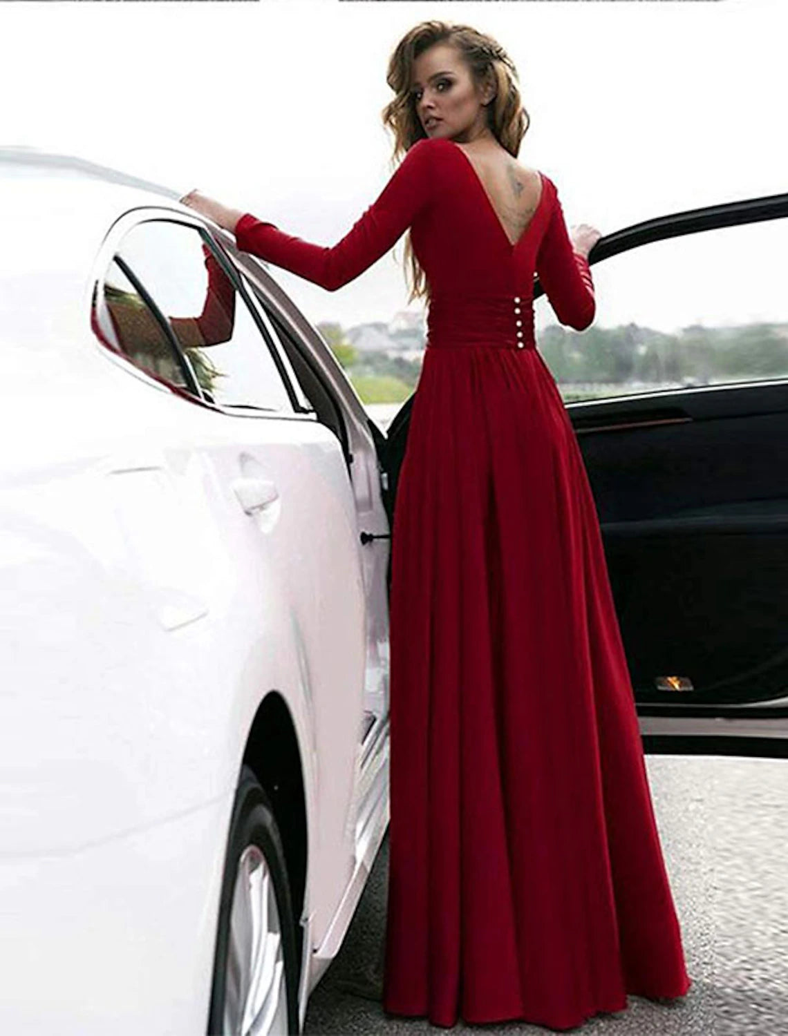 A-Line Evening Gown Empire Black Dress Holiday Wedding Guest Floor Length Long Sleeve V Neck Chiffon V Back with Slit Pure Color