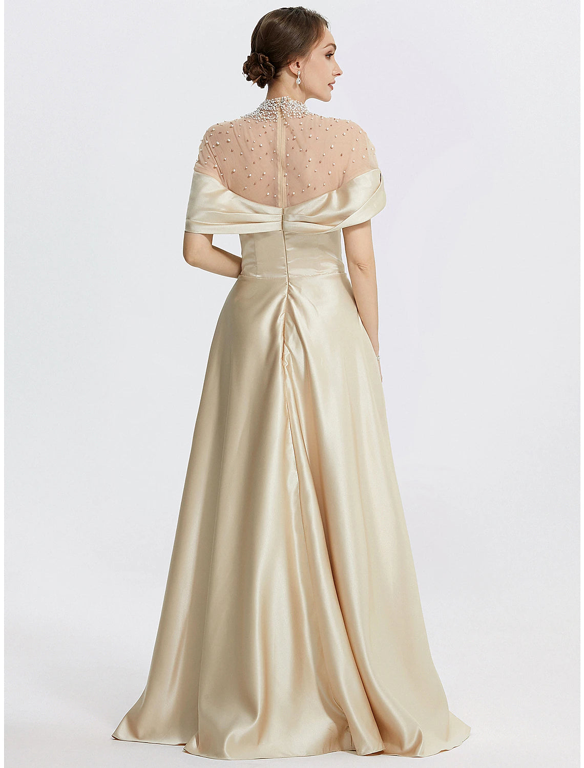Weitese A-Line Evening Gown Elegant Dress Formal Prom Floor Length Sleeveless High Neck Italy Satin with Ruched Pearls