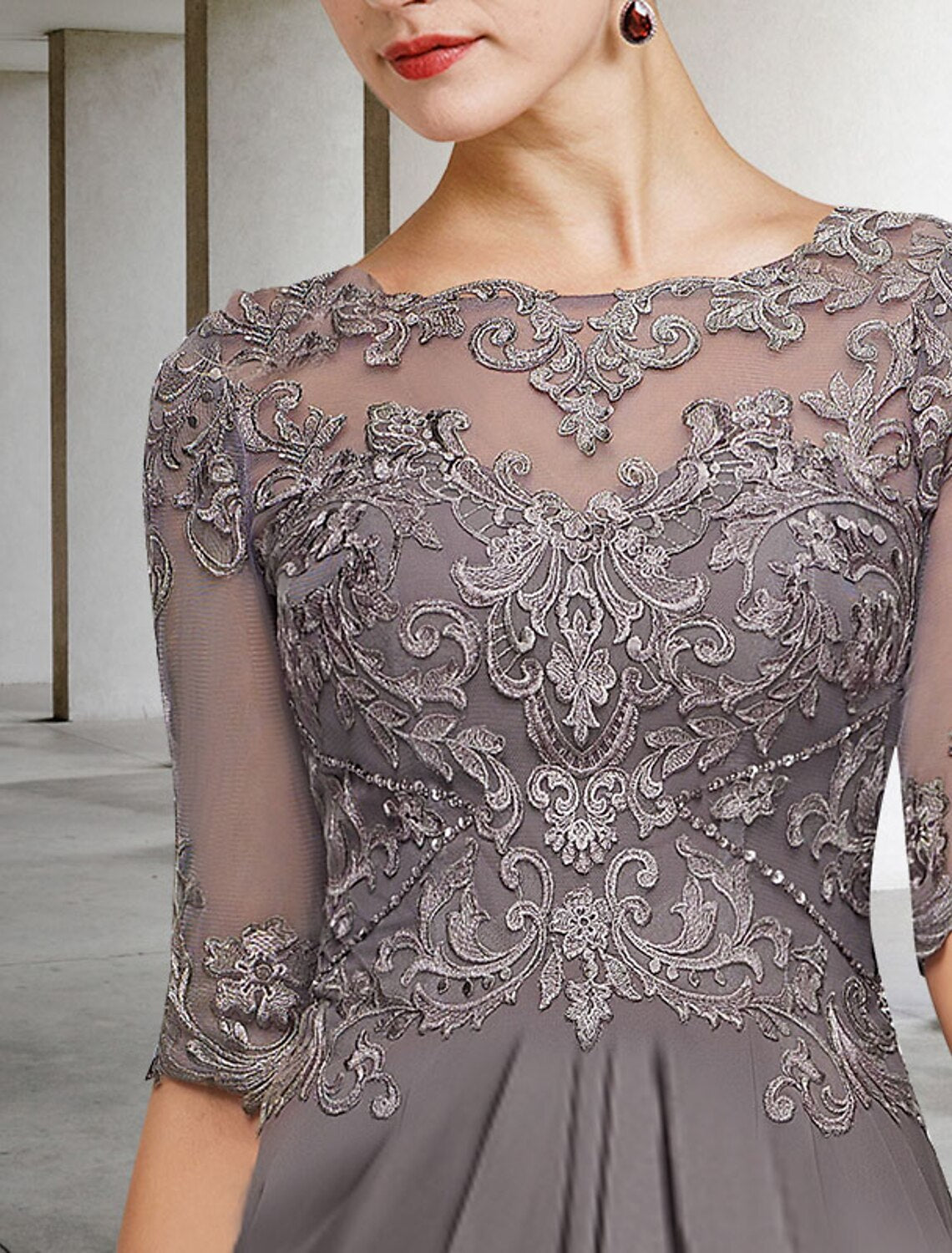 Robe mère de la mariée Weitese coupe trapèze grande taille, élégante, col bijou, longueur au sol, mousseline, dentelle, manches mi-longues, avec plis et appliques de perles