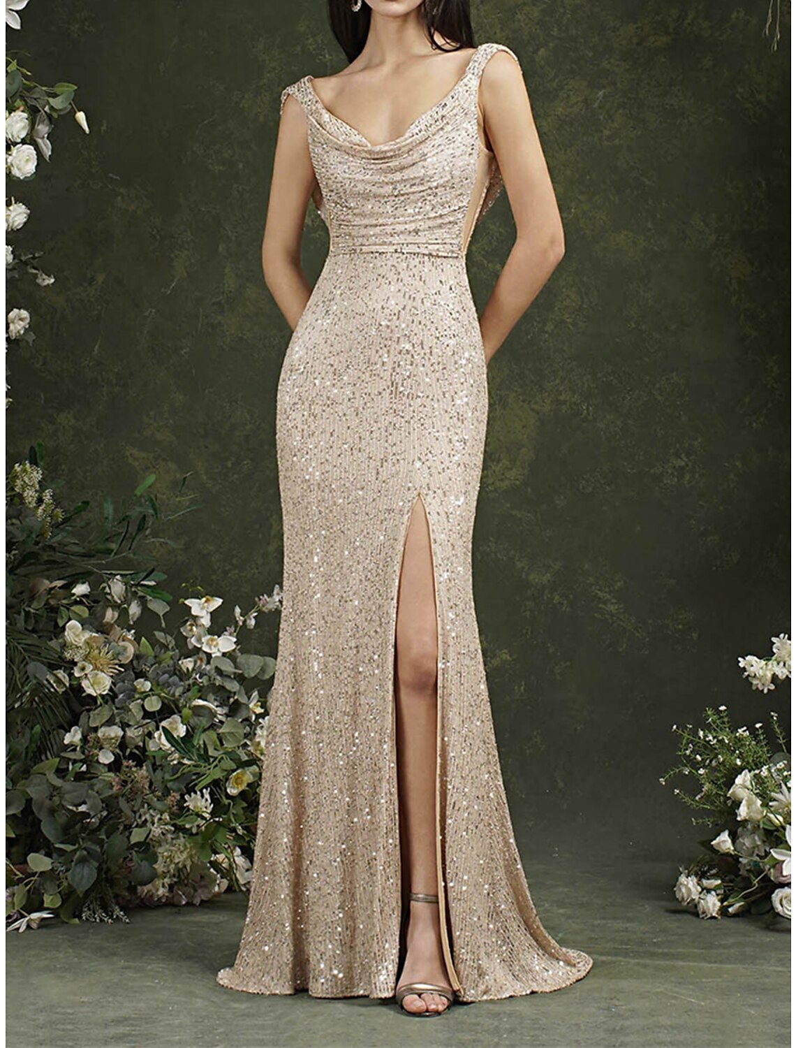 Weitese Women's Sequin Dress Prom Dress Party Dress Sparkly Dress Long Dress Maxi Dress Champagne Sleeveless Spring Fall Winter Spaghetti Strap Fashion Evening Party