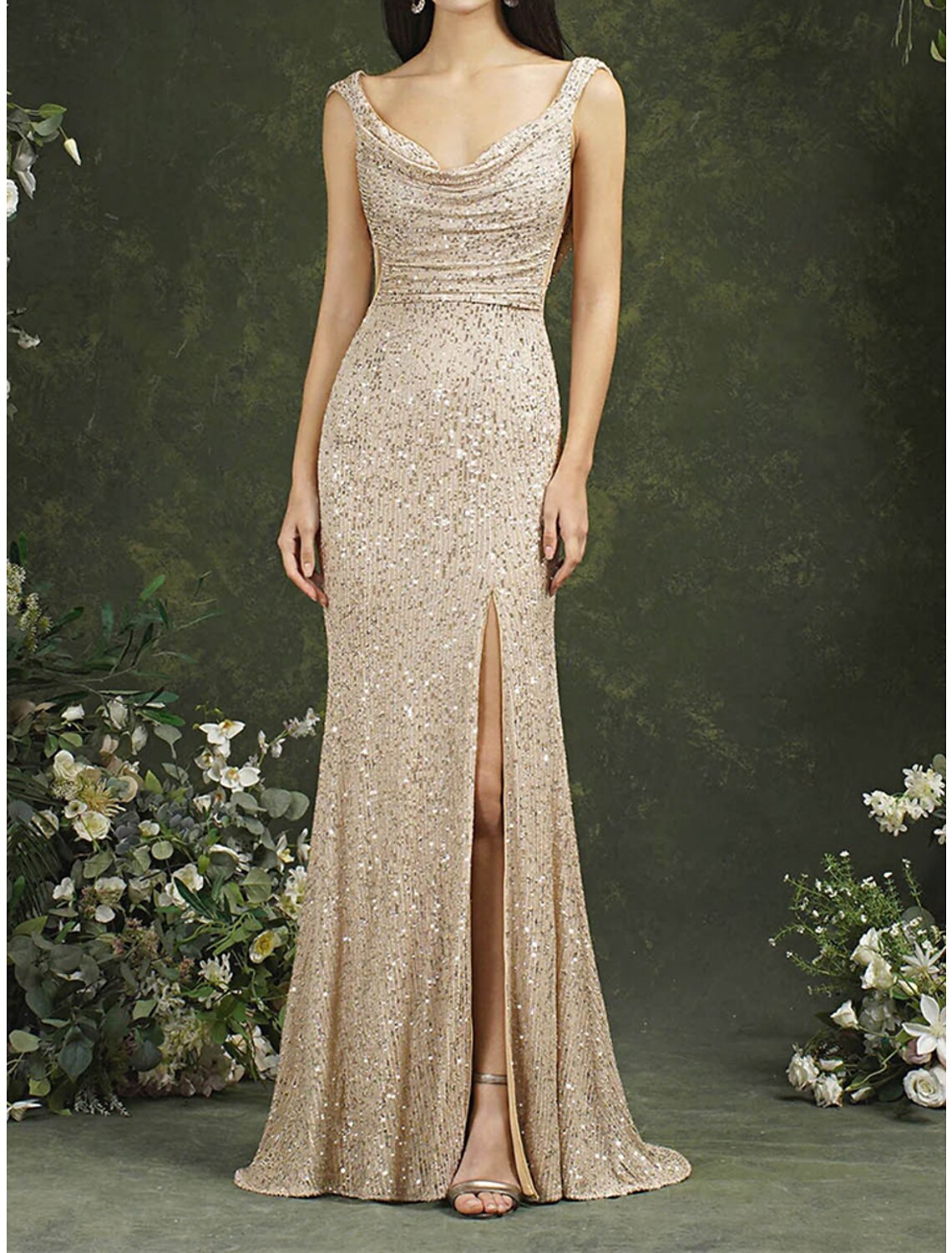 Weitese Women's Sequin Dress Prom Dress Party Dress Sparkly Dress Long Dress Maxi Dress Champagne Sleeveless Spring Fall Winter Spaghetti Strap Fashion Evening Party