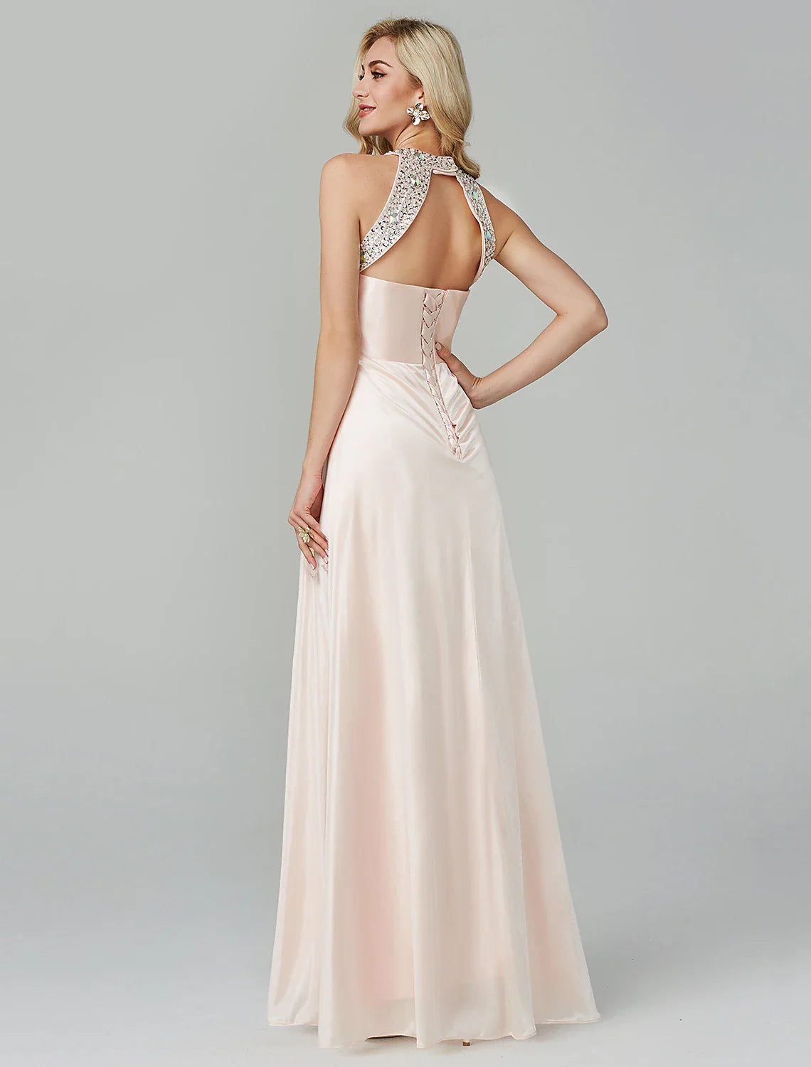 A-Line Party Dress Wedding Guest Floor Length Sleeveless Halter Neck Silk Backless with Crystals Sequin