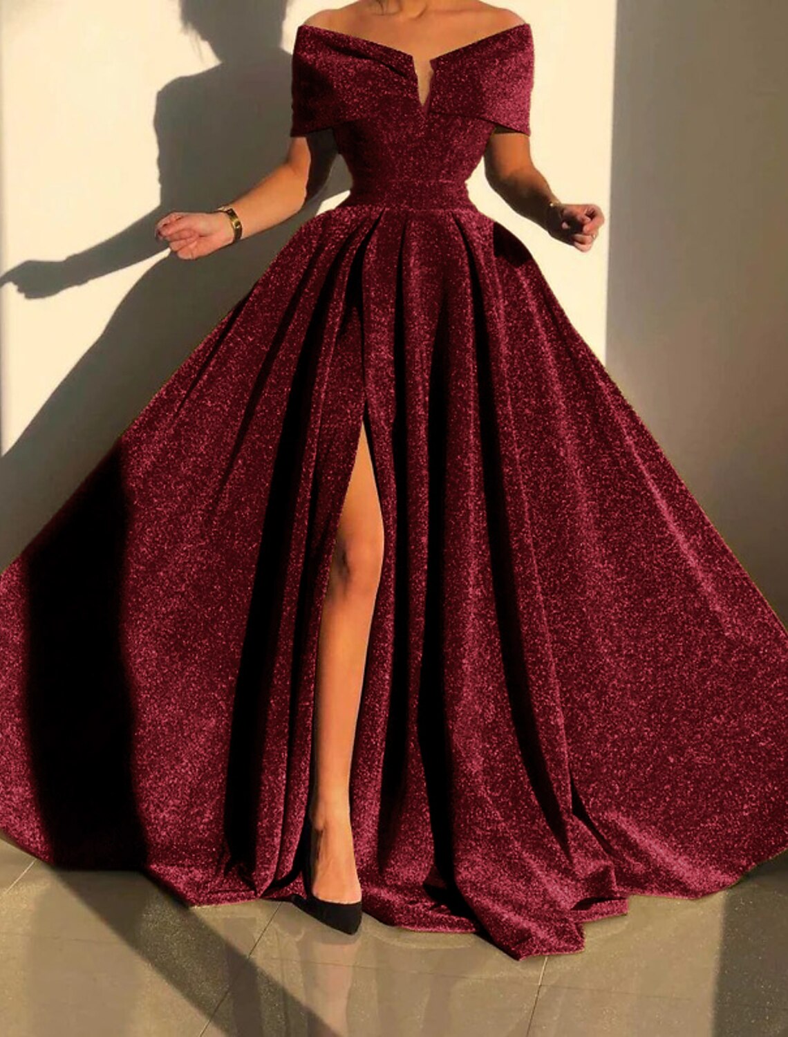 A-Line Evening Gown Sparkle & Shine Dress Formal Fall Court Train Sleeveless Off Shoulder Sequined