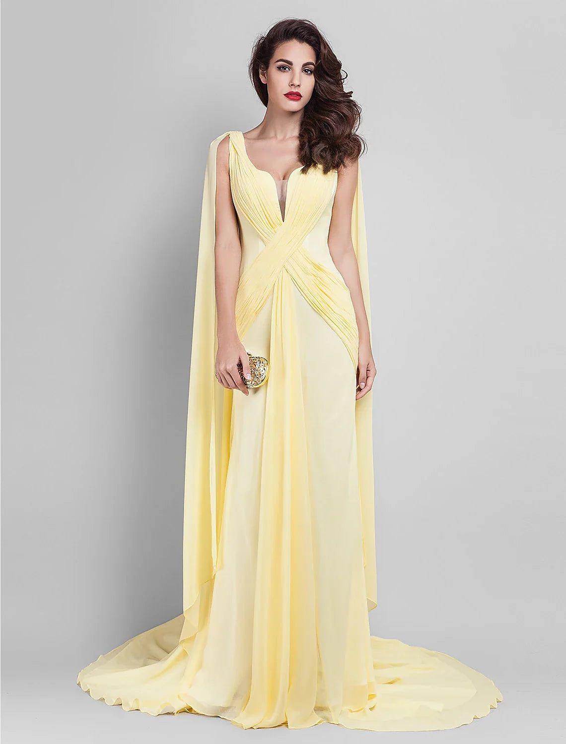 Evening Dress Wedding Guest Prom Court Train Sleeveless Plunging Neck Georgette V Back with Criss Cross Side Draping
