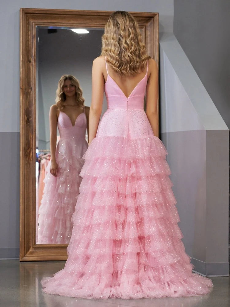 Blushing Pink Glitter Tulle Tiered Plunging V-Neck V-Back Floor-Length Dress