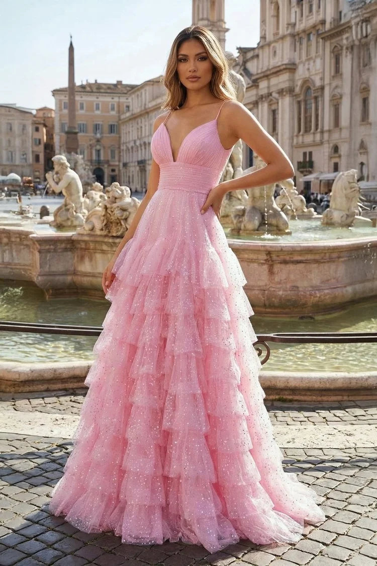 Blushing Pink Glitter Tulle Tiered Plunging V-Neck V-Back Floor-Length Dress