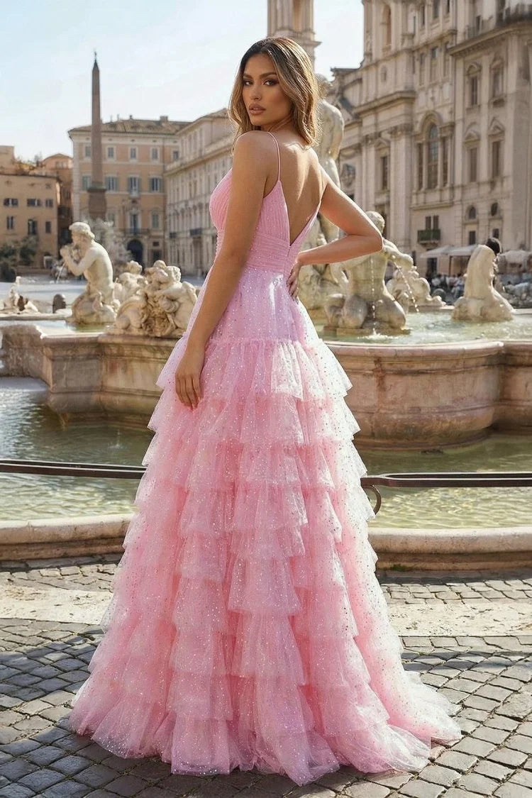 Blushing Pink Glitter Tulle Tiered Plunging V-Neck V-Back Floor-Length Dress