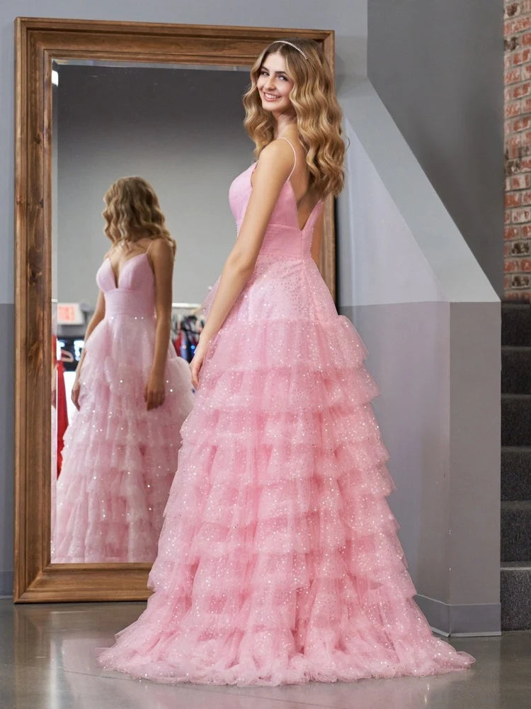 Blushing Pink Glitter Tulle Tiered Plunging V-Neck V-Back Floor-Length Dress