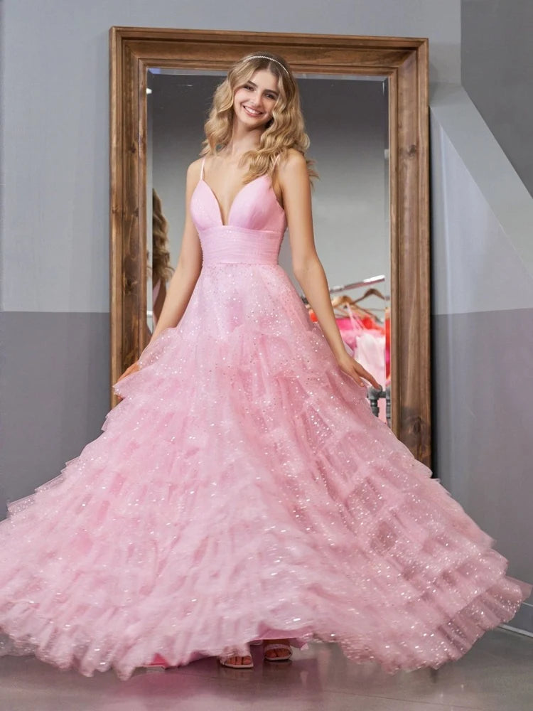Blushing Pink Glitter Tulle Tiered Plunging V-Neck V-Back Floor-Length Dress