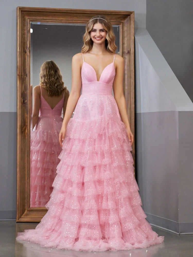 Blushing Pink Glitter Tulle Tiered Plunging V-Neck V-Back Floor-Length Dress