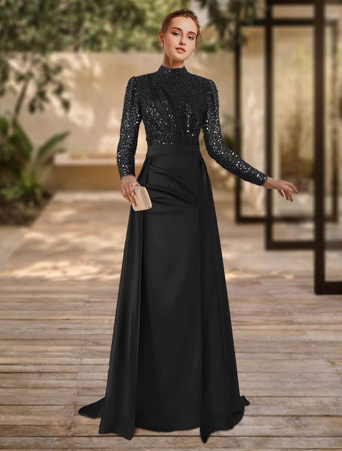 Sheath Formal Dress Evening Gown Red Green Dress Formal Sweep / Brush Train Long Sleeve Jewel Neck Satin
