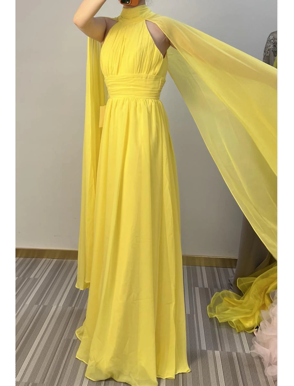 A-Line Evening Gown Elegant Dress Formal Wedding Guest Floor Length Sleeveless High Neck Capes Chiffon