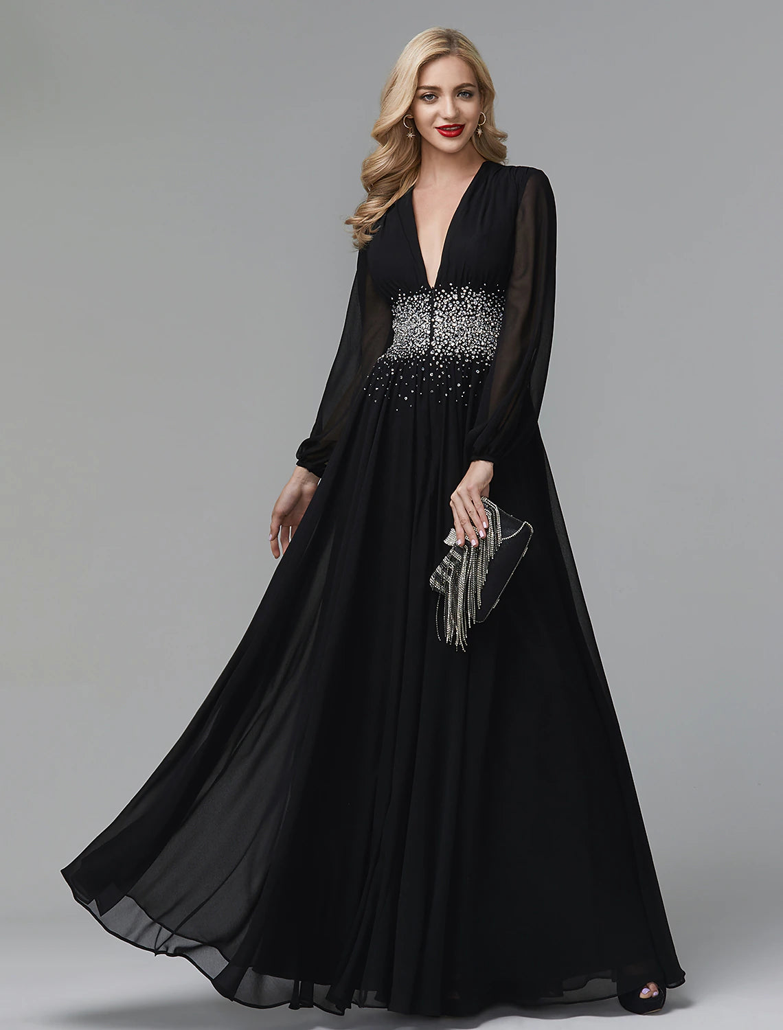 Weitese A-Line Evening Dress Celebrity Red Carpet Formal Gown Party Dress Black Tie Wedding Guest Floor Length Long Sleeve V Neck Chiffon with Sequin