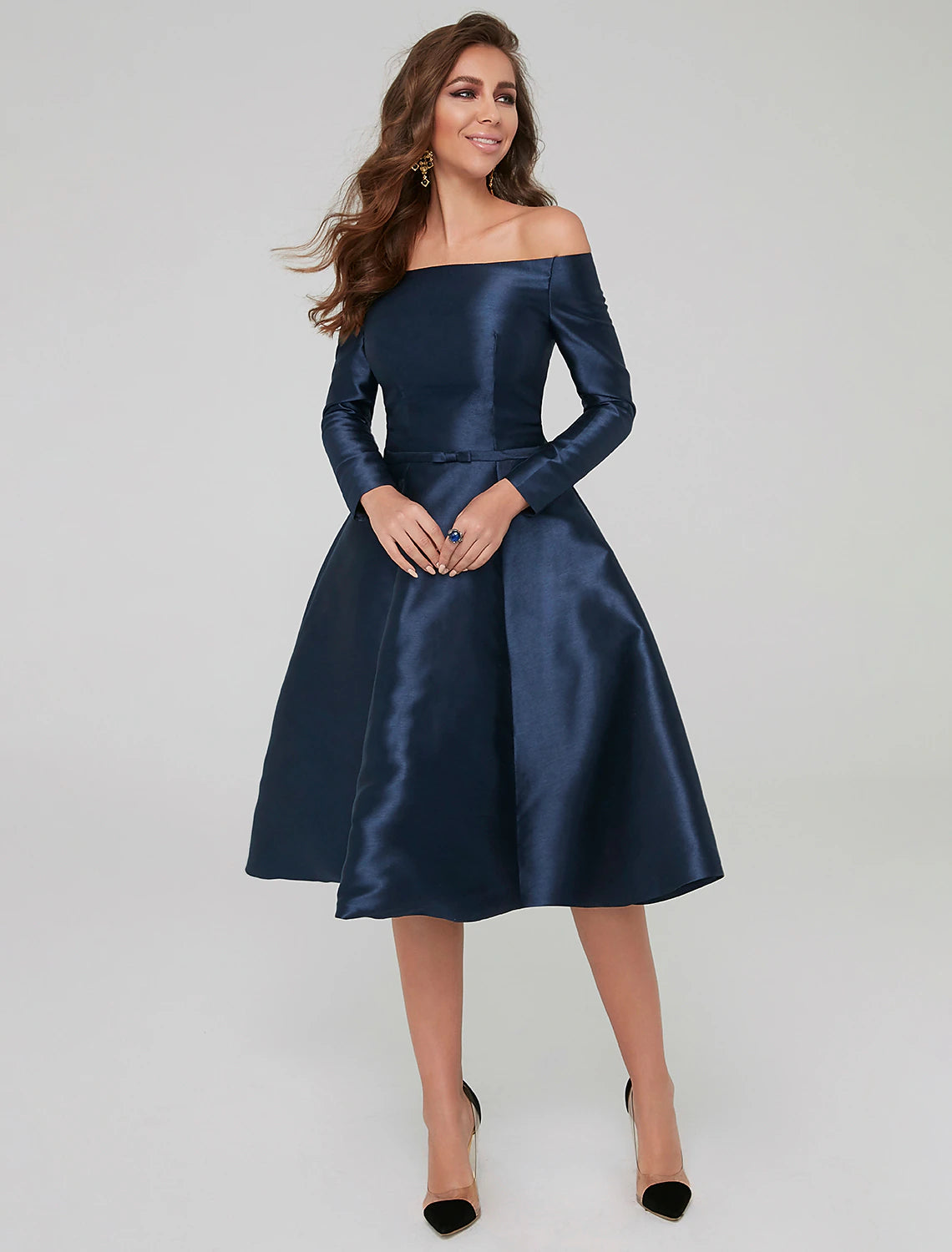 Weitese A-Line Special Occasion Dresses Party Dress Wedding Guest Cocktail Party Knee Length Long Sleeve Off Shoulder Satin with Pleats