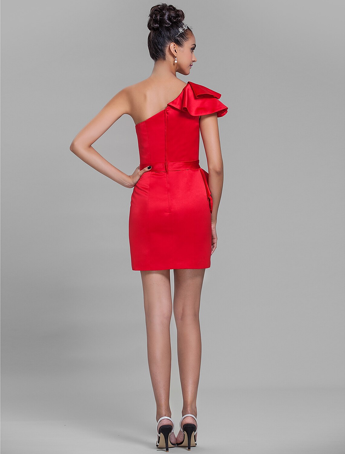Weitese Sheath / Column One Shoulder Short / Mini Satin Bridesmaid Dress with Sash / Ribbon / Ruffles