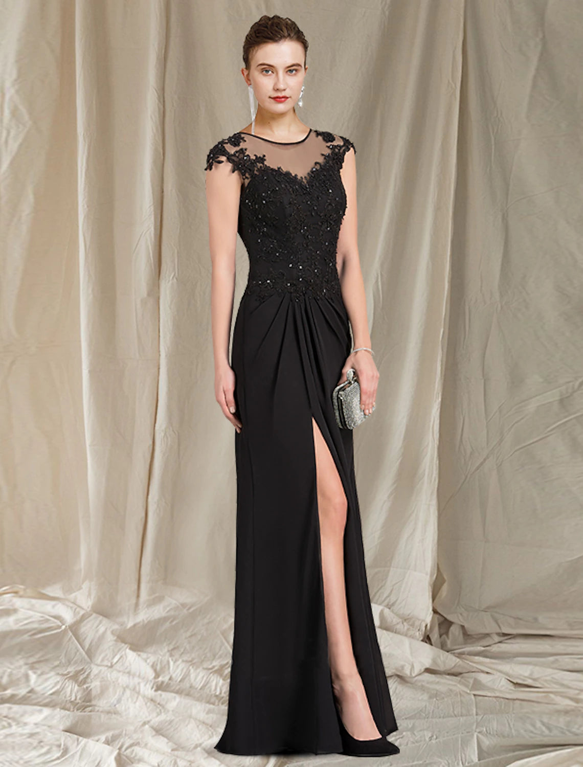 Weitese Sheath / Column Mother of the Bride Dress Elegant Jewel Neck Floor Length Chiffon Lace Short Sleeve with Appliques Split Front