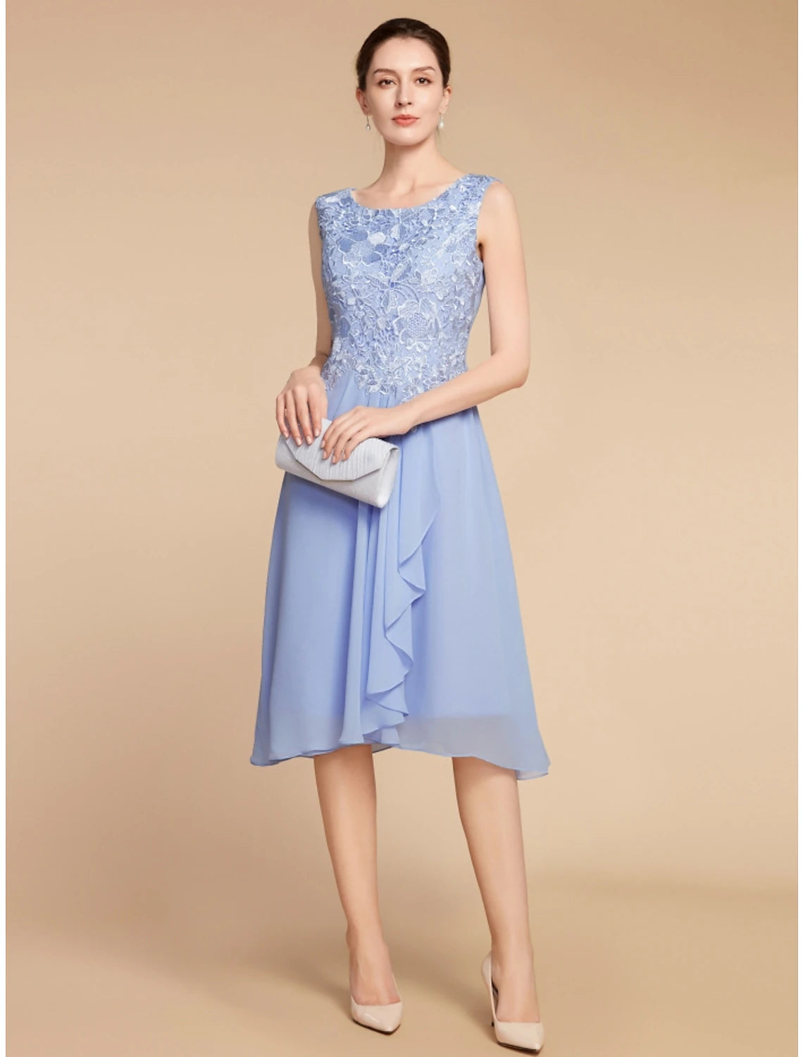 Weitese Two Piece Sheath / Column Mother of the Bride Dress Wedding Guest Elegant Petite Scoop Neck Knee Length Chiffon Lace Half Sleeve with Ruching Solid Color